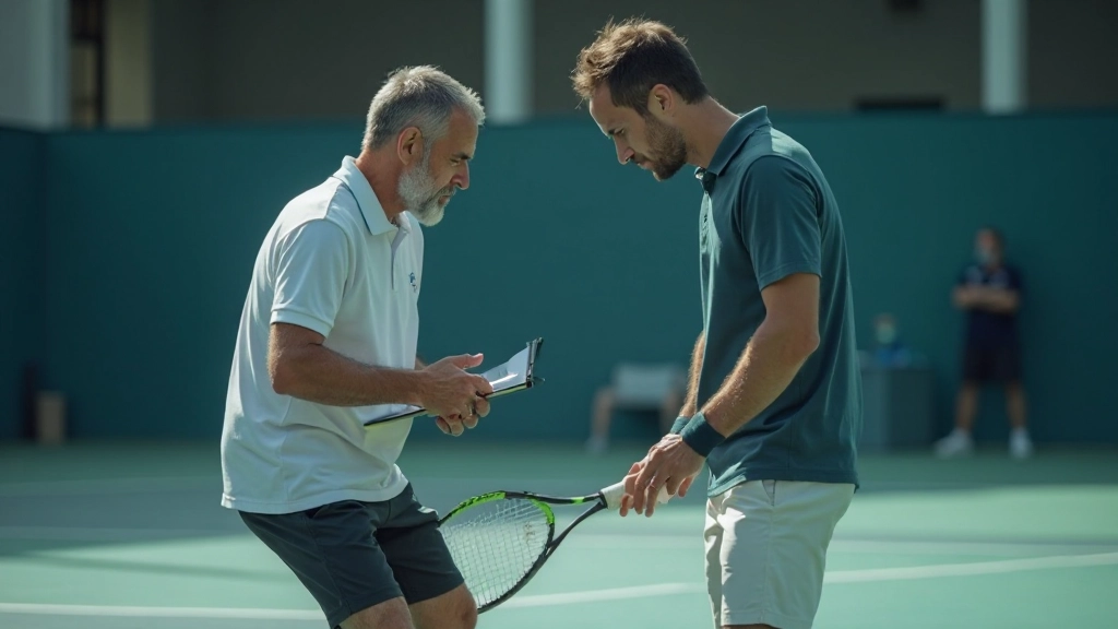 Tennis coach analyzing player movement patterns and footwork positioning during court training