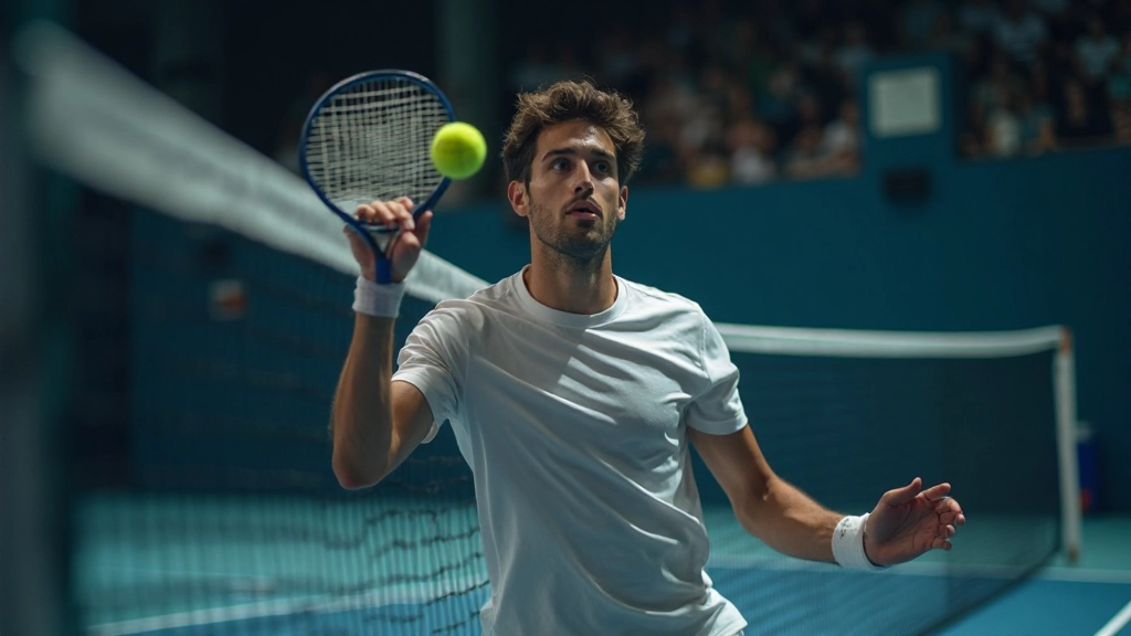 Professional tennis player executing volley shot at net during match play