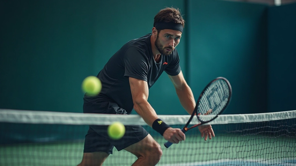 Professional tennis player executing net volley with aggressive finishing position during doubles play