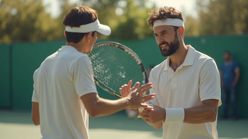 Professional tennis coach demonstrating proper forehand grip technique with student