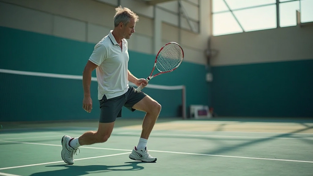 Tennis coach analyzing player movement patterns and footwork positioning during court training