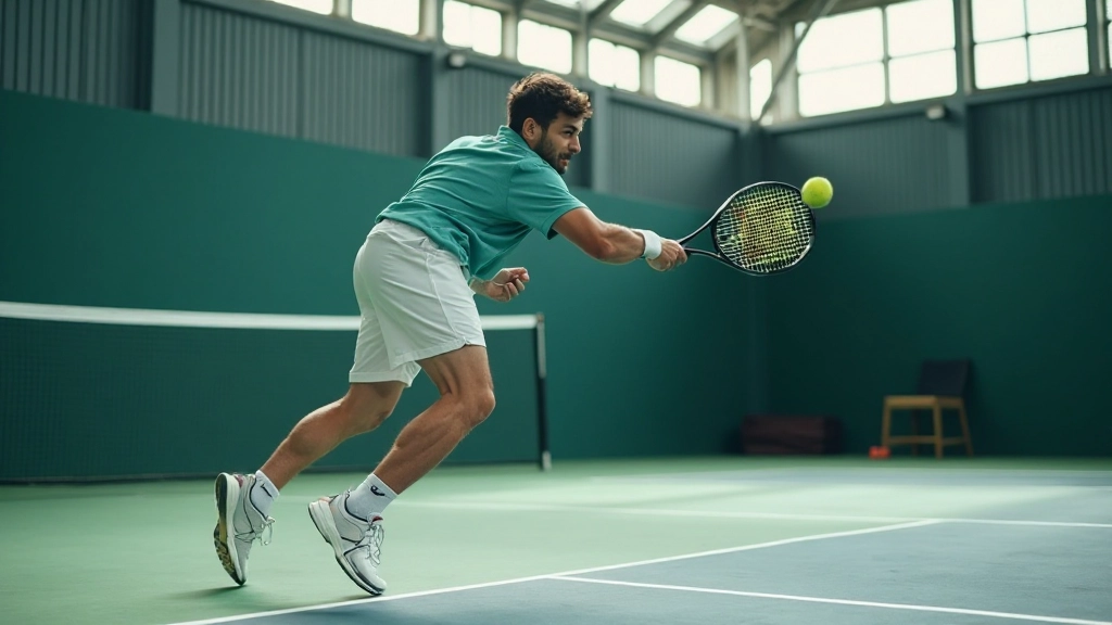 Tennis player demonstrating volley technique at net during training session with coach
